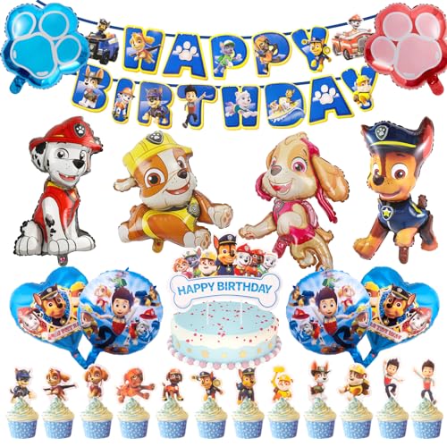 Chukua Paw Luftballon Geburtstag Deko Jungen Mädchen - Dog Geburtstagsdeko Girlande Ballon Geburtstag Deko Folienballons Happy Birthday Banner Cake Topper für Kindergeburtstag Party Deko von Chukua