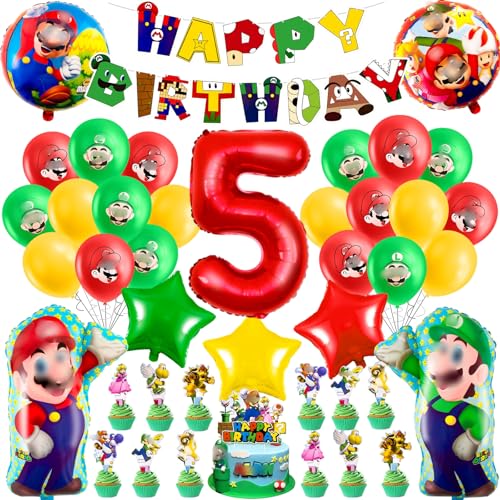 Mari Luftballons Geburtstag Deko 5 Jahre Jungen Mädchen- 44Pcs Geburtstagsdeko 5 Jahr Super bros Ballon Deko 5. Geburtstag Girlande Folienballons Banner Tortendeko für Kindergeburtstag Party Deko von Chukua