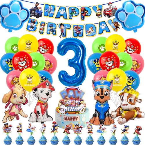 Paw Luftballon Geburtstag Deko 3 Jahre Jungen Mädchen -Hund Patrol Geburtstagsdeko 3 Jahr Ballon Deko 3. Geburtstag Folienballons Happy Birthday Girlande Cake Topper für Kindergeburtstag Party Deko von Chukua
