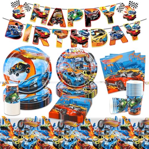 Rennauto Pappteller Kindergeburtstag Deko Jungen- Autos Geburtstag Geschirr Deko Wheels Geburtstagsdeko Car Partygeschirr Set Party Supplies Girlande Deko Banner Tischdecke Servietten Teller Tassen von Chukua