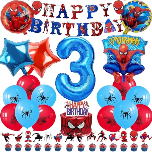 Spider Luftballon Geburtstag Deko 3 Jahre Jungen- Spider Girlande Geburtstagsdeko 3 Jahr Spider Ballon Deko 3. Geburtstag Folienballons Happy Birthday Banner Tortendeko für Kindergeburtstag Party Deko von Chukua