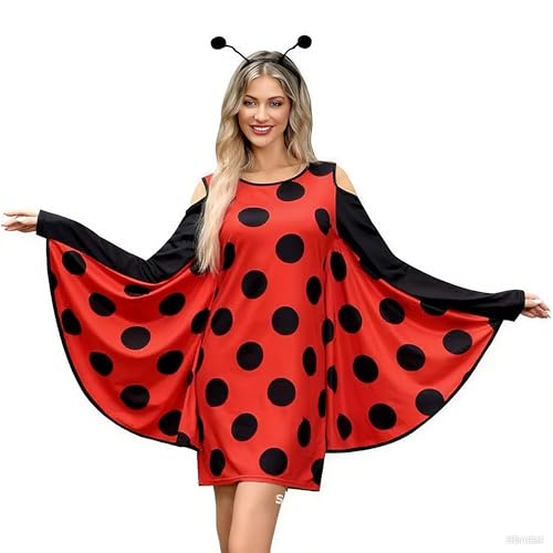 ChungLong0593 Damen Halloween Bienen Marienkäfer Kostüm Kleid kalte Schulter Flügelkleid Cosplay Outfit für Halloween Party, Rot/Ausflug, einfarbig (Getaway Solids), M von ChungLong0593
