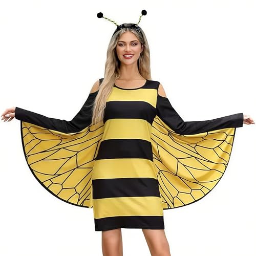 ChungLong0593 Damen Halloween Bienen Marienkäfer Kostüm Kleid kalte Schulter Flügelkleid Cosplay Outfit für Halloween Party, gelb, XL von ChungLong0593