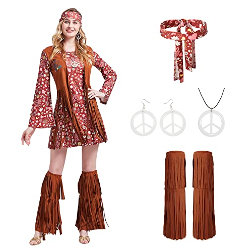 Churgigi Damen Hippie Kostüm 70er Jahre 60er Jahre Party Outfit mit Fransenweste, Beinstulpen, Stirnband, Peace-Zeichen-Ohrringe & Halskette für Cosplay, Halloween, Karneval & Mottopartys Churgigi Damen Hippie Kostüm 70er Jahre 60er Jahre Party Outfit mit Fransenweste, Beinstulpen, Stirnband, Peace-Zeichen-Ohrringe & Halskette für Cosplay, Halloween, Karneval & Mottopartys von Churgigi
