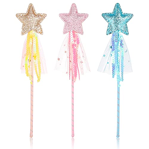 Chutoral 3 Stück Stern Zauberstab Prinzessin Zauberstäbe Fee Glitzer Stern Zauberstab Feenstab für Mädchen Weihnachten Halloween Geburtstagsfeier Dekoration (Gold&Rosa&Blau) von Chutoral