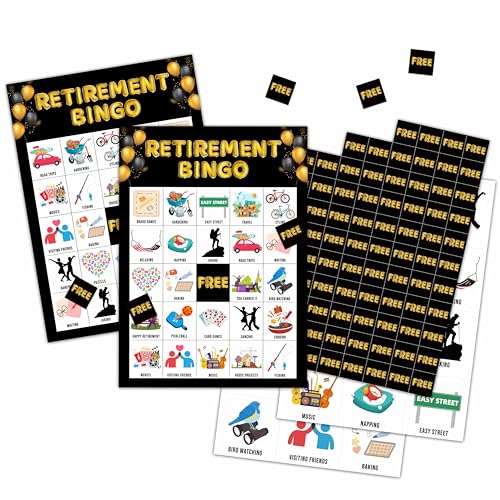 Chuxvon Bingo-Karten zum Ruhestand, Gold- und Schwarz-Themenspiel für 24 Spieler, Bingo-Aktivitäten für Erwachsene, Familie, Freunde, Büro, Ruhestand, Partyzubehör, Dekorationen (06) von Chuxvon