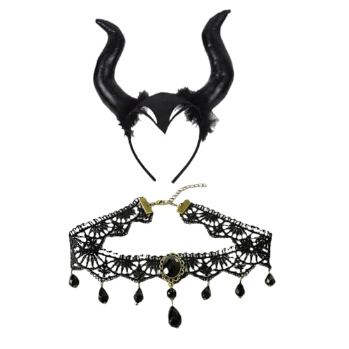 Chyuxinda 2er Teufel Kostüm Teufel Hörner Stirnband Gothic Lace Choker Halskette für Königin Cosplay Halloween Partyzubehör Karneval von Chyuxinda