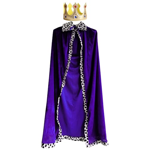 Chyuxinda 2pcs Königsmantel Königinsmantel Umhang und Krone König Königin Kostüm für Erwachsene Halloween Mottoparty Cosplay Karneval (Lila, 120 cm/47 in) von Chyuxinda