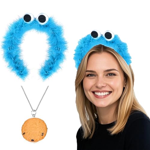 Chyuxinda 2pcs Krümel Monster Kostüm mit Haarreif Kopfschmuck Cookie Halskette für Damen Halloween Karneval Fasching Party Cosplay (blau) von Chyuxinda
