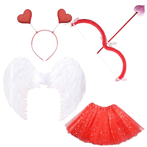 Chyuxinda 4pcs Cupid Kostüm Set Engel Wing Cupid Bow Herz Haarband Tutu Röcke für Damen Halloween Valentinstag Weihnachten Cosplay Party (Rot & Weiß) von Chyuxinda