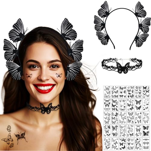 Chyuxinda Damen Schmetterling Kostüm mit Schmetterling Haarreifen Stirnband Schmetterling Halskette 30pcs Schmetterling Tattoo für Halloween Karneval Cosplay Motto Party Fasaching Kostüm (schwarz) von Chyuxinda