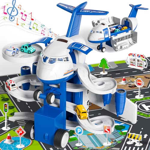 Airplane Flugzeug Spielzeug für 2+ Jahr alt, Garage Parkplatz Playset mit 14 Straßenschildern 4 Inertial Autos 1 Karte, Kleinkind Junge Spielzeug Geburtstag Geschenk für 2 3 4 5 6 Jahre alt von Ci Vetch