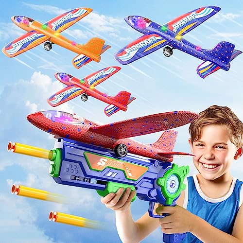 Ci Vetch Flugzeug Launcher Spielzeug für Jungen Kinder, 4 Pack Schaumstoff Flugzeug Outdoor-Spielzeug, 3 Led Plane 10 weiche Kugeln, 3 4 5 6 7 8 Jahre Alten Jungen Geburtstag Geschenkideen von Ci Vetch