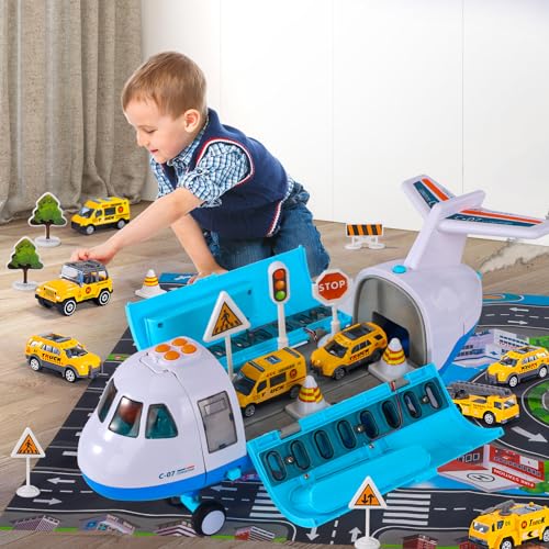 Ci Vetch Flugzeug-Spielzeug mit Rauch, Licht und Sound, 16 Zoll großes Transport-Frachtflugzeug- 6 Baulastwagen, Fricton-angetrieben, Jungenspielzeug-Geschenke für 2 3 4 5 6-Jährige von Ci Vetch