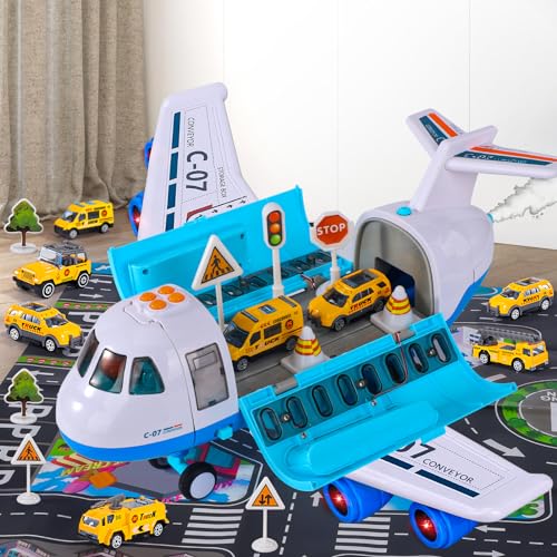 Ci Vetch Flugzeug-Spielzeug mit Rauch, Licht und Sound, 16 Zoll großes Transport-Frachtflugzeug- 6 Baulastwagen, Fricton-angetrieben, Jungenspielzeug-Geschenke für 2 3 4 5 6-Jährige von Ci Vetch