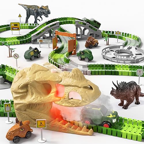 Ci Vetch 249 Stück Dinosaurier-Spielzeug, Rennauto-Track, für Kinder, Kleinkinder, Jungen, Alter 2–4, 3–5, 4–6, Tracks mit Licht, Ton und Spray, Geburtstagsgeschenke 2, 3, 4, 5 Jahre alt (XS186A-2-b) von Ci Vetch