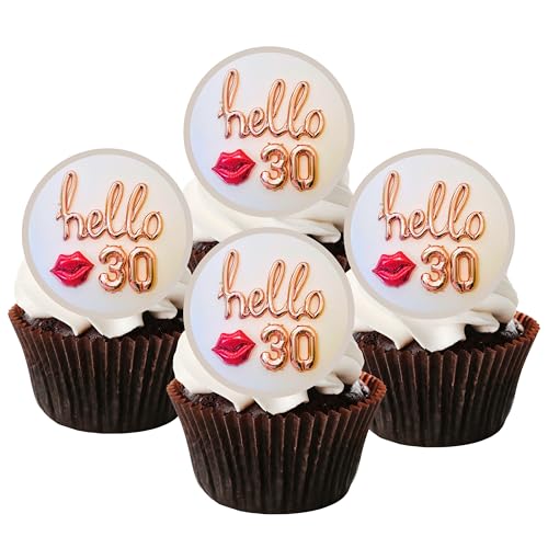 Essbare Cupcake-Topper zum 30. Geburtstag Hello 30 – Oblaten-Kuchen-Scheiben-Dekorationen, 24 x 4 cm, ungeschnitten von Cian's Cupcake Toppers Ltd