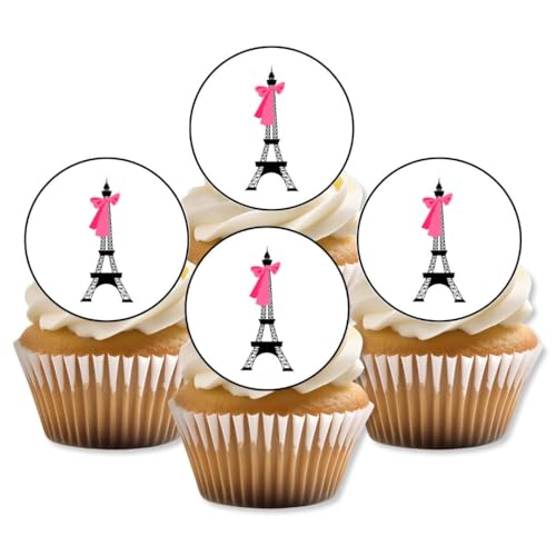 Niedliche essbare Cupcake-Topper Paris Eiffelturm, rosa Schleife, Kuchendekorationen für Geburtstage, Pariser Motto-Partys, Junggesellinnenabschiede, 24 x 4 cm große Scheiben (ungeschliffen) von Cian's Cupcake Toppers Ltd