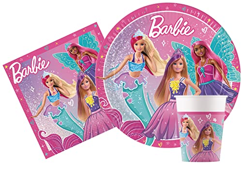 Partygeschirr Party-Set Barbie Fantasy für 24 Personen (88 pcs: 24 Pappteller Ø23cm, 24 Becher 200ml, 40 Servietten 33x33cm) von Ciao