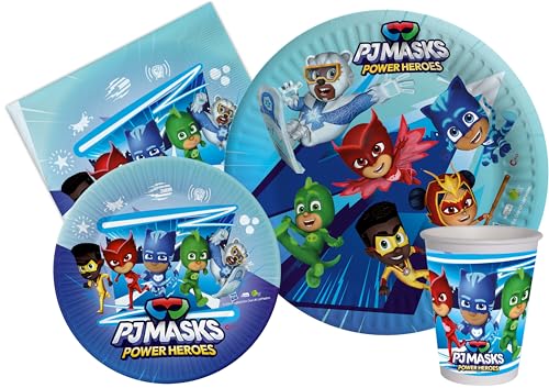 Ciao AZ050 Partygeschirr Party-Set PJ Masks (Pappteller, Bucher, Servietten), Cartoon, Multicolor, 24 Personen von Ciao