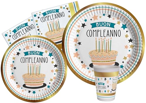 Ciao AZ129 Partygeschirr Party-Set (Pappteller, Bucher, Servietten), Gold, Weiß, 24 Personen von Ciao