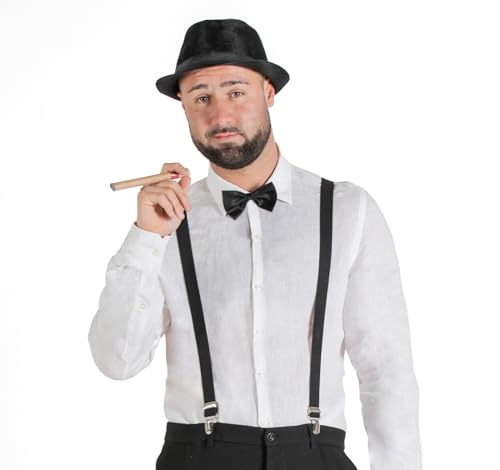Ciao Gangster 1920s Verkleidungsset Kit Mann (Hut, Hosenträger, Fliege, gefälschte Zigarre), Schwarz von Ciao