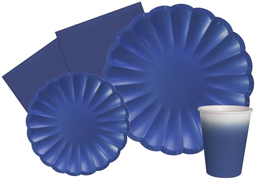 Ciao Partygeschirr Party-Set Flower Shape für 24 Personen (112 pcs: 24 Pappteller Ø23cm, 24 Pappteller Ø18cm, 24 Becher 250ml, 40 Servietten 33x33cm) aus eco-Friendly kompostierbarem Papier, Blau von Ciao