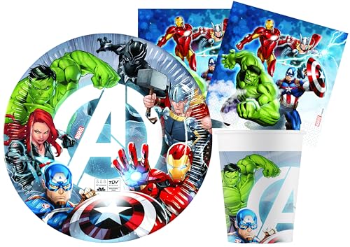 Ciao Y6171 Marvel Avengers Fight in compostable FSC Paper for People (88 pcs: Plates, Cups, Napkins) Party Tableware Set, Multicolor, 24 Personen von Ciao