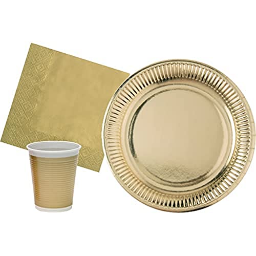 Hello-Kit Party Tisch Gold Menschen (94 Stück: 30 Teller Ø23cm, 24 Plastikgläser 200ml, 40 Papierservietten 33x33cm), Single, Multicolor, Y4656 von Ciao