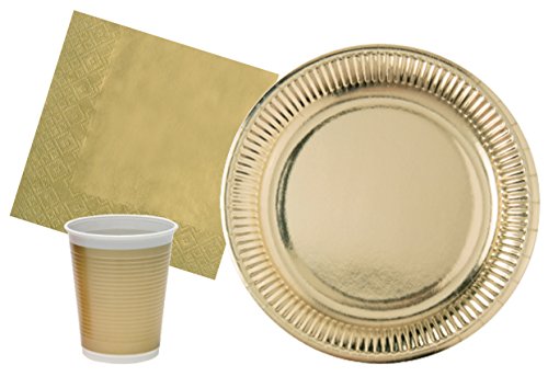 Hello-Kit Partytisch Gold für 8 Personen (38 Stück: 10 Teller Ø23cm, 8 Plastikgläser 200ml, 20 Papierservietten 33x33cm), Single, Multicolor, S, Y4655 von Ciao