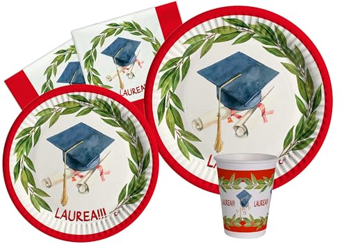 Partygeschirr Party-Set Laurea für 24 Personen (112 pcs: 24 Pappteller Ø23cm, 24 Pappteller Ø18cm, 24 Becher 250ml, 40 Servietten 33x33cm) aus eco-friendly kompostierbarem Papier von Ciao