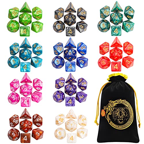 YILAIDA D&D Würfel-Sets, 10 x 7 polyedrische Würfel für Dungeons and Dragons DND RPG MTG Tischspiele D4 D6 D8 D10 D% D12 D20 mit 1 großen Beutel von CiaraQ