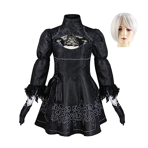 Cicilian 2B Cosplay Costume, Yorha No. 2 Type B Cosplay Dress 2B 9S Cosplay Costume Wig Outfit Sexy Stockings Black Leotard Dress Wig Hair Clip Full Set Anime Halloween Outfit von Cicilian