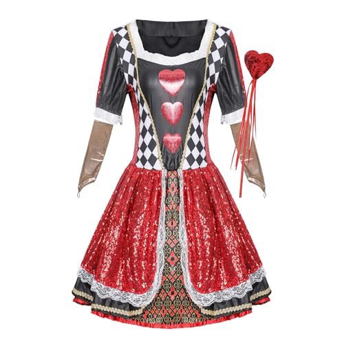 Cicilian Halloween Königin Kostüm, Herzen Königin Kleid Königin der Herzen Kostüm Fancy Kleid Karneval Cosplay Party Rote Kleid Sets mit Krone von Cicilian