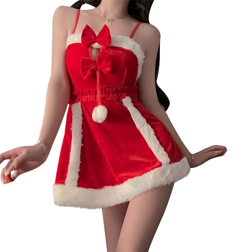 Cicilian Weihnachten Kostüm Kleid, Santa Cosplay Kostüm Sexy Off Schulter Samt Back Lace Up Vintage Weihnachten Strapless Party Bodycon Mini Kleid von Cicilian