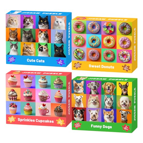 4 Packungen 100 Teile Puzzles für Kinder im Alter von 4-6 6-8 8-10 Jahren, Hunde Katzen Cupcakes Donuts pädagogische Puzzles, Kinderpuzzles 4-6 Geschenke für Mädchen Jungen 4 Packungen 100 Teile Puzzles für Kinder im Alter von 4-6 6-8 8-10 Jahren, Hunde Katzen Cupcakes Donuts pädagogische Puzzles, Kinderpuzzles 4-6 Geschenke für Mädchen Jungen von Ciesa