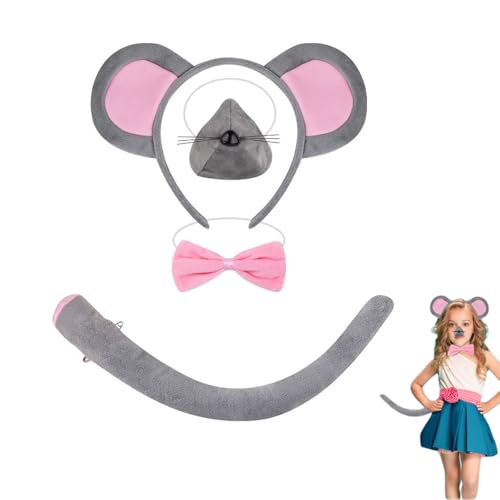 1 Set niedliche Maus-Ohren-Haarband-Set – 4-teiliges Tier-Kostüm-Set mit Nasenschwanz, Fliege für Cosplay, Partys, Festivals, Halloween von Ciieeo