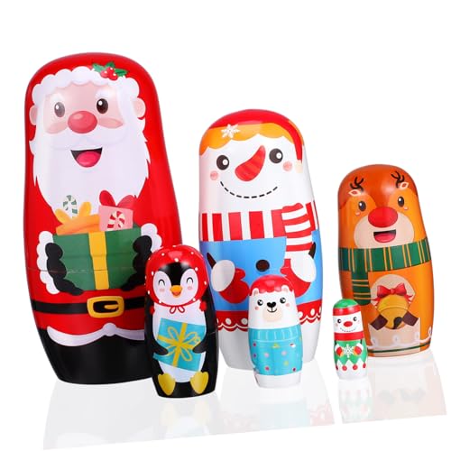 Ciieeo 6 Stück Teiliges Weihnachts Nistpuppen aus Holz Santa Claus und Schneemann Figuren Handgefertigte Russische Puppen Festliche Weihnachtsdekoration mit Farbintensiven Langlebigen von Ciieeo