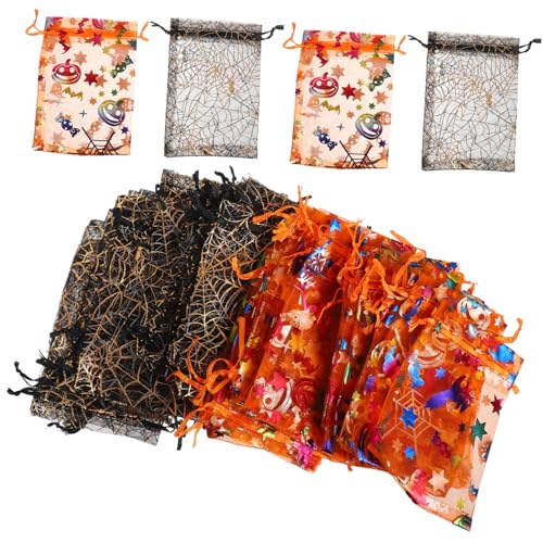 Ciieeo 60 Stück Teiliges Halloween Organza Geschenktüten mit Aufdruck von Spinnen und Kürbissen Schwarze und Orangefarbene Mesh Säckchen mit Zugband für Süßigkeiten Snacks und von Ciieeo