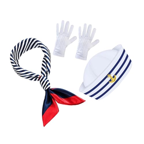 Ciieeo Blau Weiß Gestreiftes Matrosen Kostüm Set Damen mit Kapitänsmütze Schal und Handschuhen Partyzubehör für Sommerfeste Nautisches Design für Rollenspiele und Halloween von Ciieeo