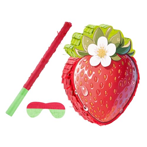 Ciieeo Erdbeer-piñata aus Karton mit Robustem Aufhänger und Füllöffnung Bunte Krepppapier-deko für Erdbeer-geburtstagsfeier Sommer-fruchtparty Spielzubehör mit Stick und Augenmaske von Ciieeo