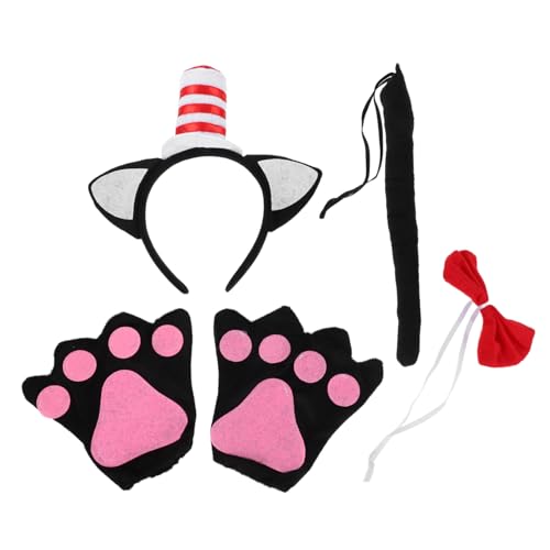 Ciieeo Katzenkostüm mit rot-weiß gestreiftem Hut, schwarzen Handschuhen, realistisches Tier-Stirnband, Schwanz, Fliege für Halloween, Cosplay und festliches Verkleiden, detailliertes Katzen-Design für Ciieeo Katzenkostüm mit rot-weiß gestreiftem Hut, schwarzen Handschuhen, realistisches Tier-Stirnband, Schwanz, Fliege für Halloween, Cosplay und festliches Verkleiden, detailliertes Katzen-Design für von Ciieeo