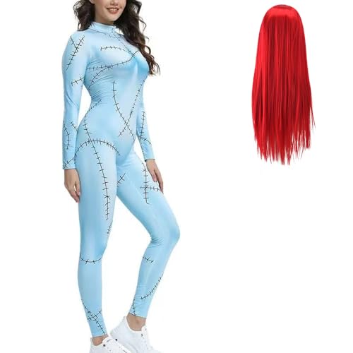 Cilxdr 2-teiliges Weihnachts-Albtraum-Kostüm für Damen, 3D-Druck, Halloween, Cosplay, Bodysuit, Erwachsene, Verkleidungsset mit roter Perücke, Größe L von Cilxdr