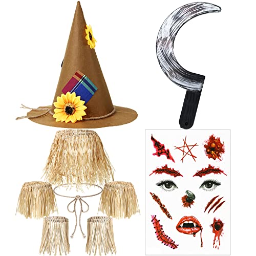 9 Stück Halloween Vogelscheuche Kostüm, einschließlich Vogelscheuche Hut, Bast Vogelscheuche Strohhalm Kit, Gesichtstattoos, blutige Sichel Waffenrequisite für Cosplay Party 9 Stück Halloween Vogelscheuche Kostüm, einschließlich Vogelscheuche Hut, Bast Vogelscheuche Strohhalm Kit, Gesichtstattoos, blutige Sichel Waffenrequisite für Cosplay Party von Cindeer