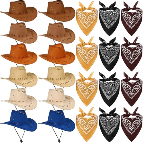 Cindeer Cowboy-Mützen- und Bandana-Set, Western-Strohhut, Wildleder, 24 Polyester-Bandanas, Schal für Cosplay-Kostüm, 48-teilig (stilvolle Farbe) von Cindeer