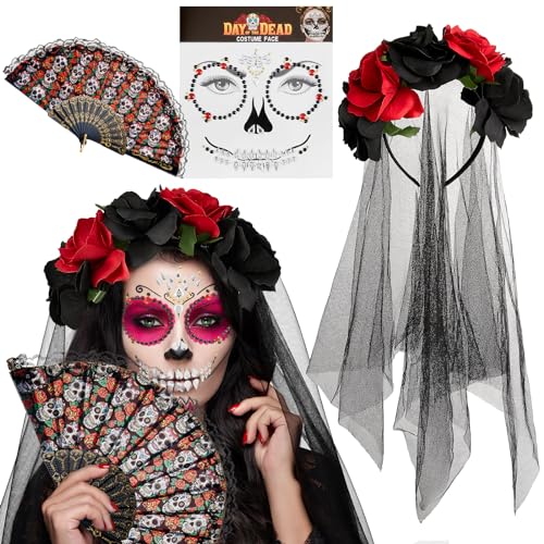 Cindeer Tag der Toten Kostüm für Damen Enthält Haarschmuck mit Rosen und Schleier Dia de los Muertos Zuckerschädel Fächer und Gesicht Edelsteine Mexikanische Halloween Kostüm Accessoires von Cindeer
