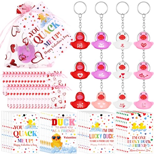 Cinnvoice 28-teiliges Valentinstags-Enten-Geschenk-Set enthält 28 Mini-Enten-Schlüsselanhänger, 28 Valentinstags-Grußkarten, 28 transparente Geschenktüten für Valentinstag, Party, Gastgeschenk von Cinnvoice