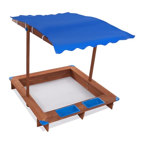 Kindersandkasten, Holz Sandkasten für den Garten, Sandkiste mit Verstellbarem Dach und Bodenmatte, Spielkasten als Gartenspielzeug für Kinder, Buddelkasten 126x121 cm von Ciounmb