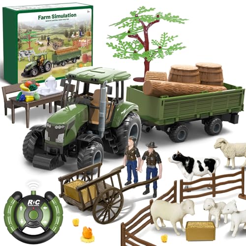 Cirmine RC Ferngesteuerter Traktor mit Anhänger und Bauernhof Spielzeug, Traktor Spielzeug für Kinder ab 3 Jahren mit Bauernhoftiere & Zubehör, Geschenk für Jungen und Mädchen von Cirmine