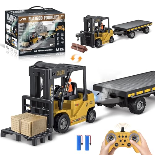 Ferngesteuertes Gabelstaplerspielzeug 1:24 mit Anhänger, Nebel, Lichtern & Geräuschen, Kranmodus, 2 USB-aufladbare Batterien – Fernbedienungs-Lkw für Kinder ab 3 Jahren, interessantes Geschenk von Cirmine